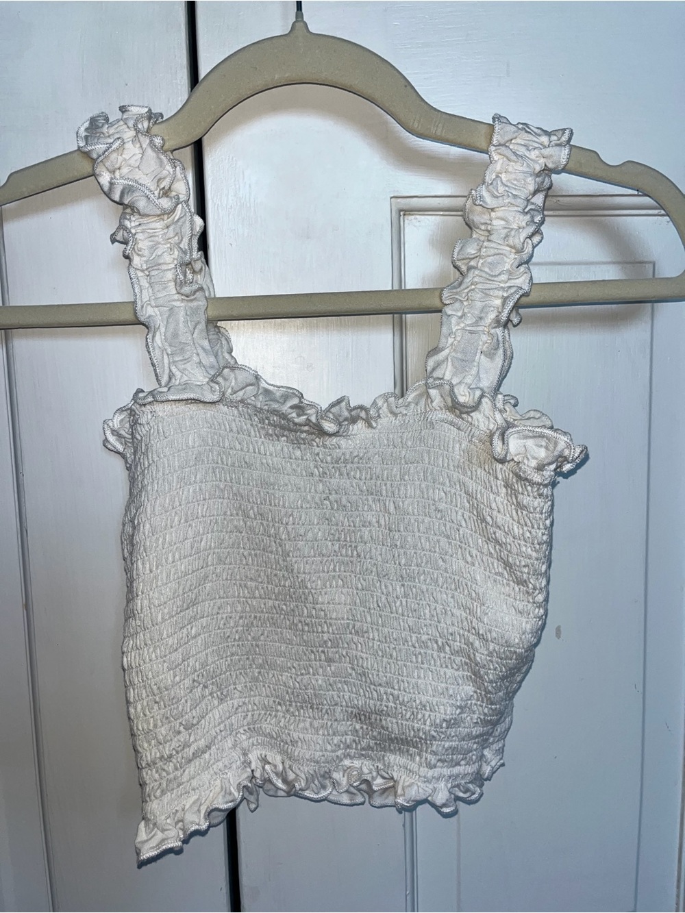 Women's White Smocked Ruffle Crop Top Worn Once